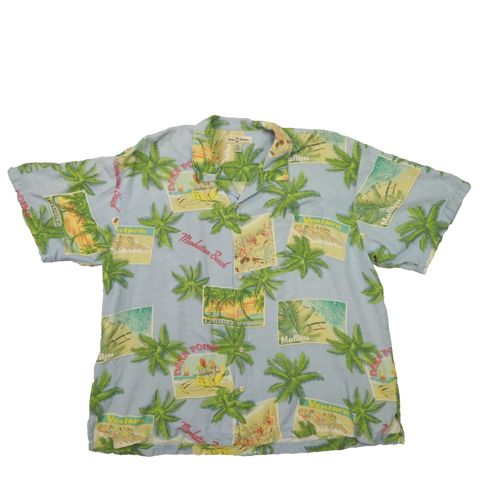 Tommy Bahama BlueCalifornia Beach Post Card Print Silk Camp Shirt Men's XXL